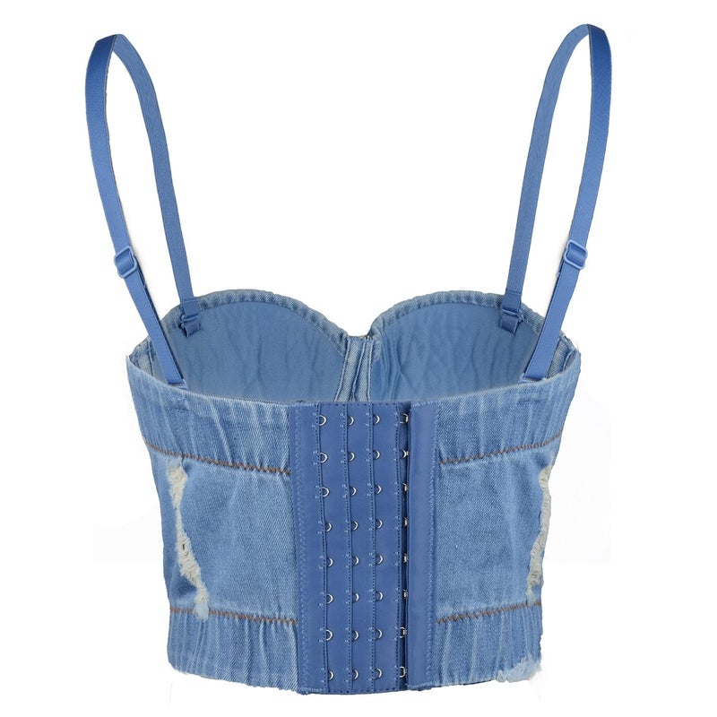 ELLACCI Women's Destructed Denim Bustier Crop Top Jeans Corset Top Large - Image 2